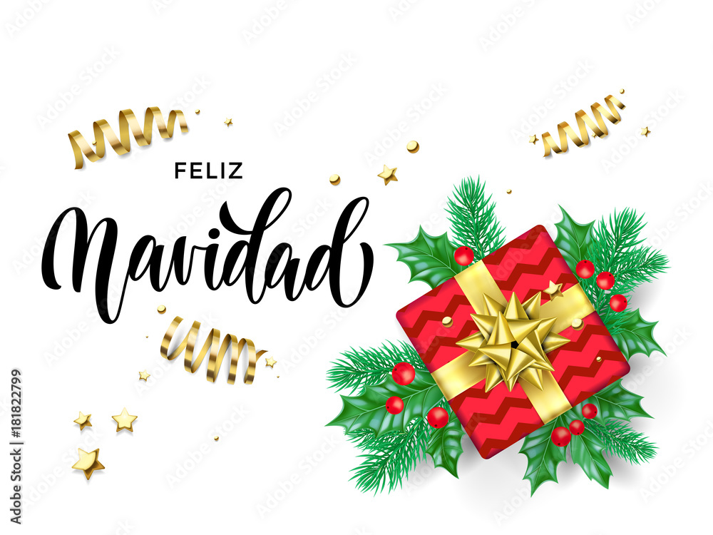 Feliz Navidad Spanish Merry Christmas holiday hand drawn quote calligraphy greeting card background template. Vector Christmas tree holly wreath decoration, golden gift or ribbon confetti white design