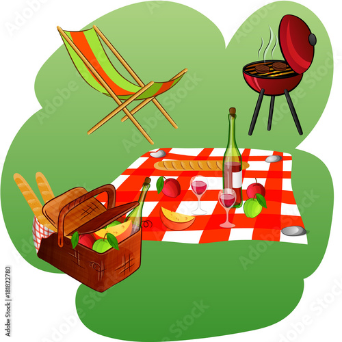 chaise longue, grill, blanket, basket with picnic products