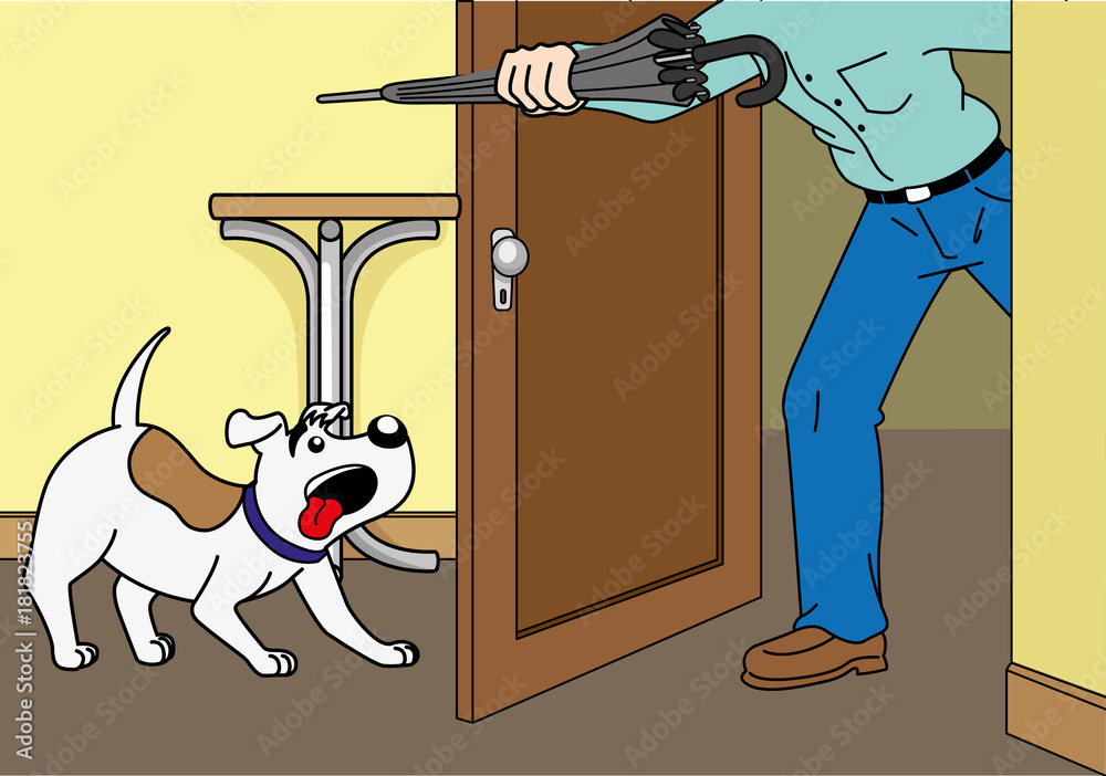Illustration of a cheerful dog with the arrival of its owner at home. Item for institutional and veterinary materials
