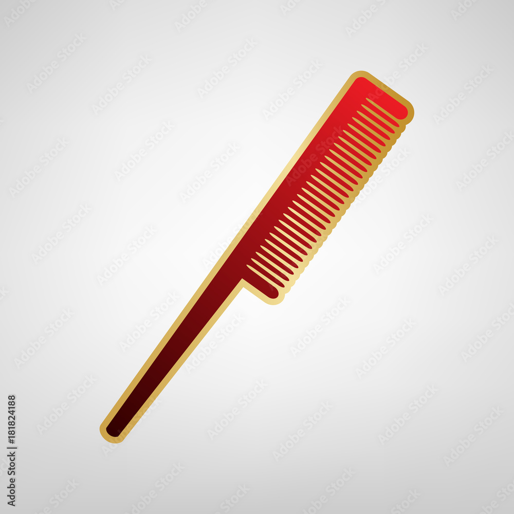 Comb sign. Vector. Red icon on gold sticker at light gray background. Comb sign. Vector. Red icon on gold sticker at light gray background.