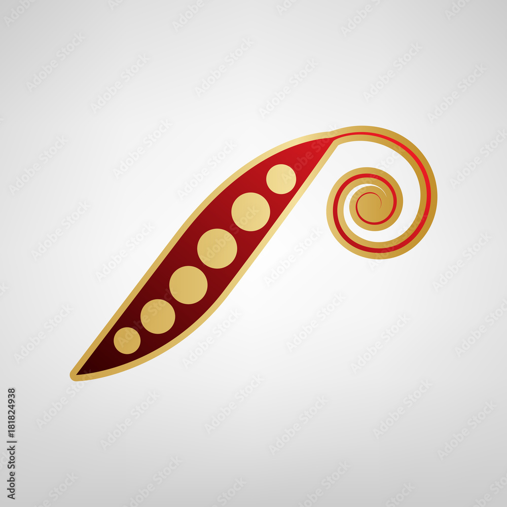 Eco food vegetables Pea sign. Vector. Red icon on gold sticker at light gray background. Eco food vegetables Pea sign. Vector. Red icon on gold sticker at light gray background.