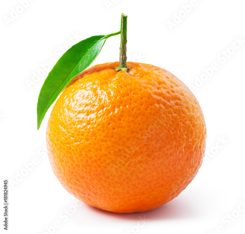 Tangerine or clementine with green leaf isolated on white photo