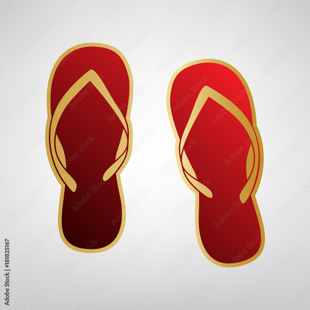 Flip flop sign. Vector. Red icon on gold sticker at light gray background. Flip flop sign. Vector. Red icon on gold sticker at light gray background.