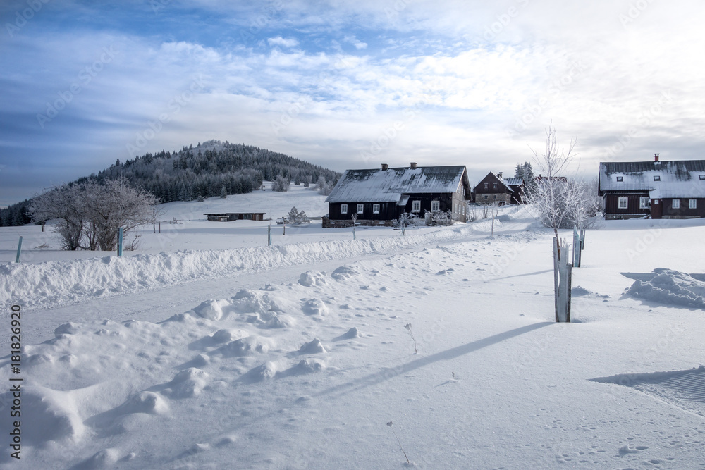 Winter mountain landscape with cross country skiing trails, Jeseniky mountains, Czech Republic
