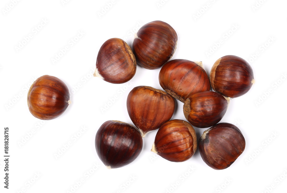 Pile edible chestnut isolated on white background, top view
Pile edible chestnut isolated on white background, top view