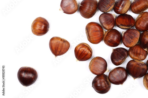 Pile edible chestnut isolated on white background, top view
