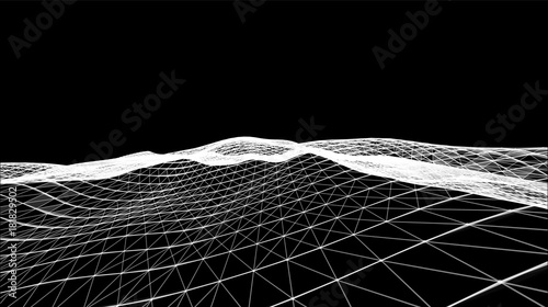 Monochrome digital polygonal landscape design. White grid on black background. Vector illustration. Business template. Surfing wave.