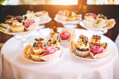 tasty colorful desserts on the birthday party