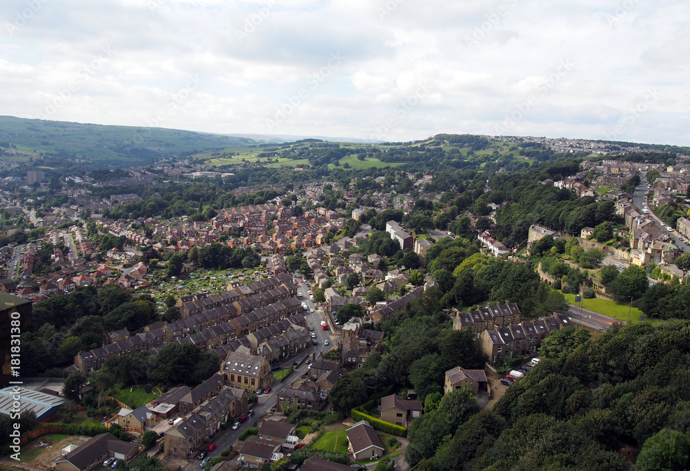 panoramic view of hebden bridge in west yorkshire england showing streets houses and surrounding countryside