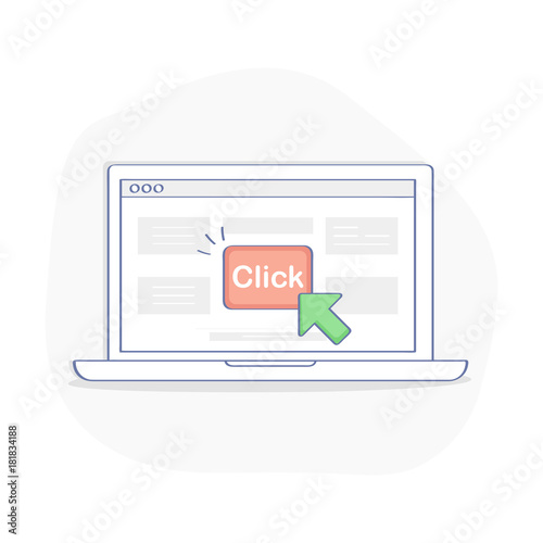 Pay Per Click Advertising model, CPC Online Marketing technology concept. Laptop with button "click" on display, hands giving money