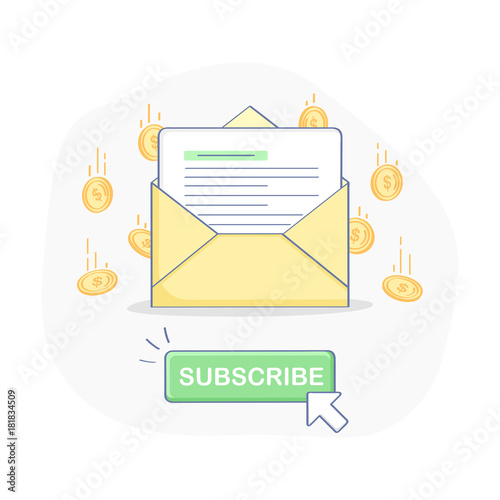 Subscribe to the Online Newsletter, email envelope, subscription button and coins. Flat outline vector illustration, UI vector element.