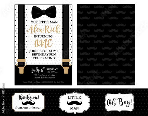 Little man birthday party ( Baby shower party) invitation card.  Vector bow tie and suspenders. Black, white and gold - classic patterns with mustache. Design for real man! Father day's template