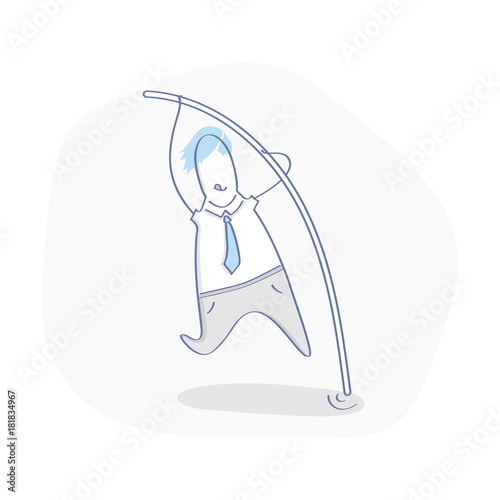 Take new business height, jump over the barrier with a pole. Cute cartoon character businessman doing pole vault. Flat outline vector illustration.