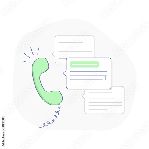Phone handset, telephone receiver with speech bubbles. Support call, online help, sales by phone, customer service. Flat outline vector illustration in light design style.