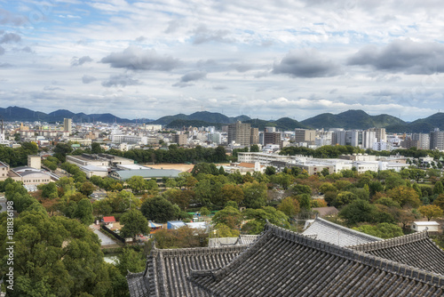 Panoramic view of Himeji town from Himeji Castle (White Heron Castle). Japan.