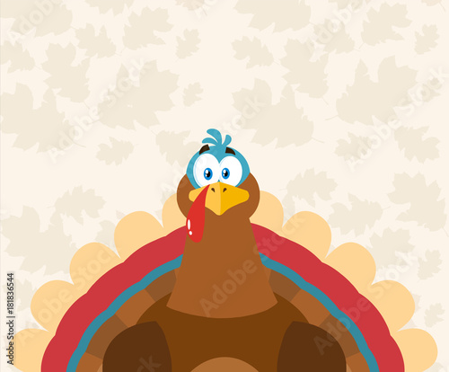 Thanksgiving Text Over A Turkey Bird Cartoon Mascot Character. Illustration Flat Design Over Background With Autumn Leaves