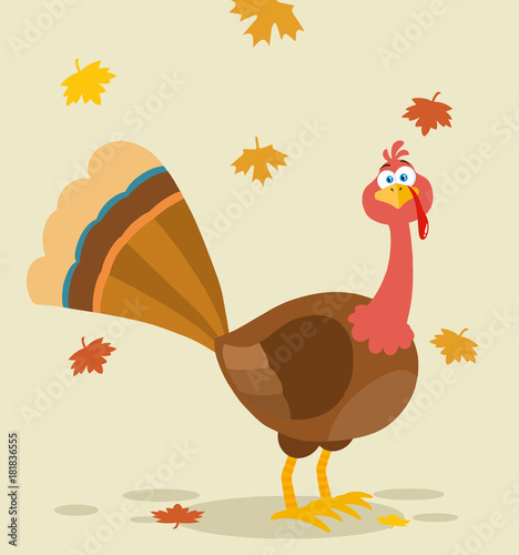 Thanksgiving Turkey Bird Cartoon Mascot Character. Illustration Flat Design With Background And Autumn Leaves © HitToon.com