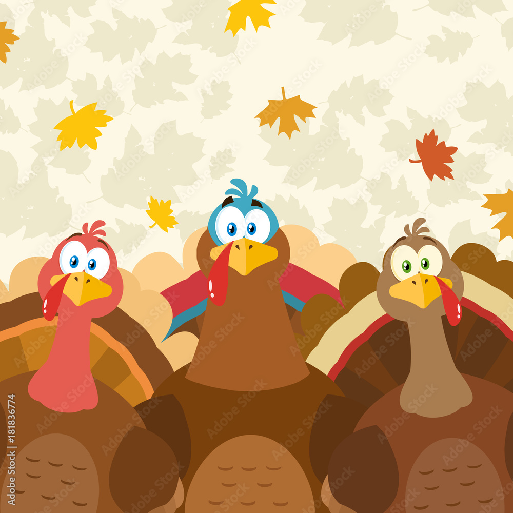 Thanksgiving Turkeys Cartoon Mascot Characters. Illustration Flat Design  Over Background With Autumn Leaves Stock Vector | Adobe Stock