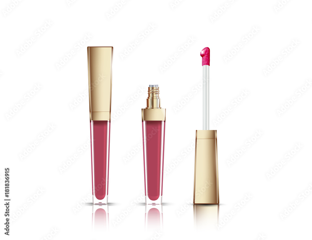 Obraz premium Lip gloss in elegant glass bottle with golden lid, closed and open container with brush, isolated on white background. Liquid lipstick