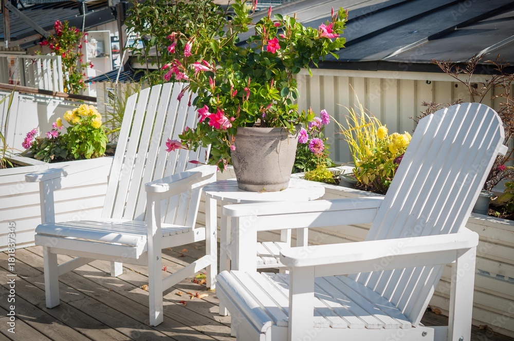 Outdoor patio chairs with flower in summer light