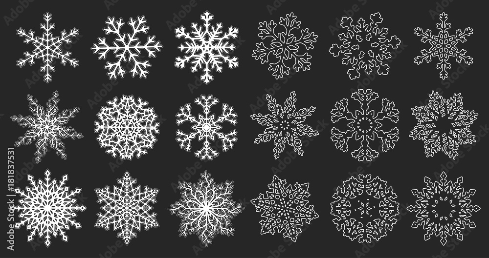 Set of white flat and linear snowflakes isolated on blue background. illustration. Set of white flat and linear snowflakes isolated on blue background. illustration.