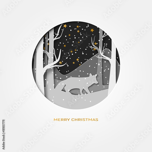 Merry Christmas 3d abstract paper cut illustration of fox in the forest snow. moon and stars in the night. Vector