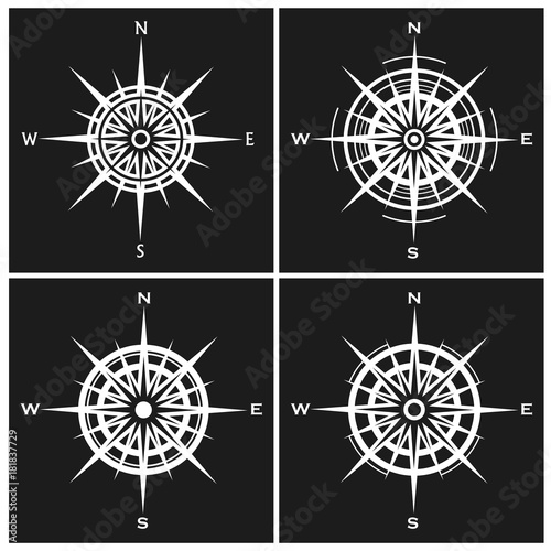Set of compass roses or wind roses. illustration.