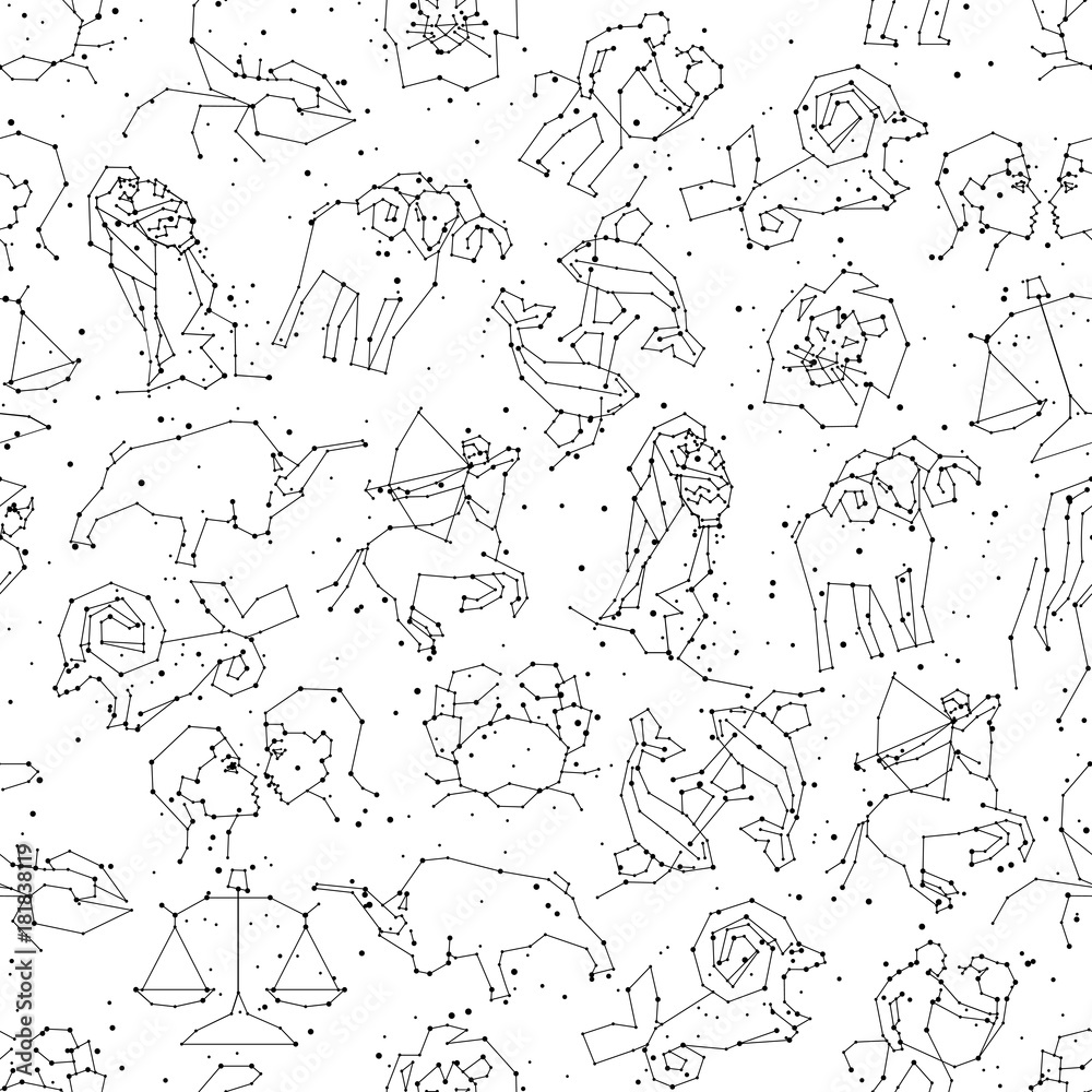 Horoscope seamless pattern, all Zodiac signs in constellation style with line and stars on white background. Endless background of starry zodiac symbols