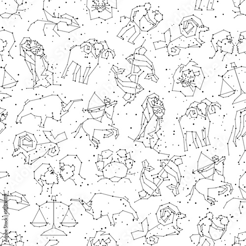 Horoscope seamless pattern, all Zodiac signs in constellation style with line and stars on white background. Endless background of starry zodiac symbols