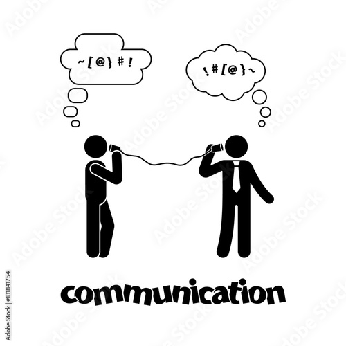 Stick figure talking with tin can telephone. Communication icon symbol pictogram
