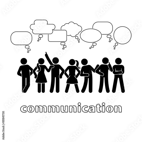 Stick figure dialog communication speech bubbles set. Talking, thinking, body language group of people conversation icon pictogram