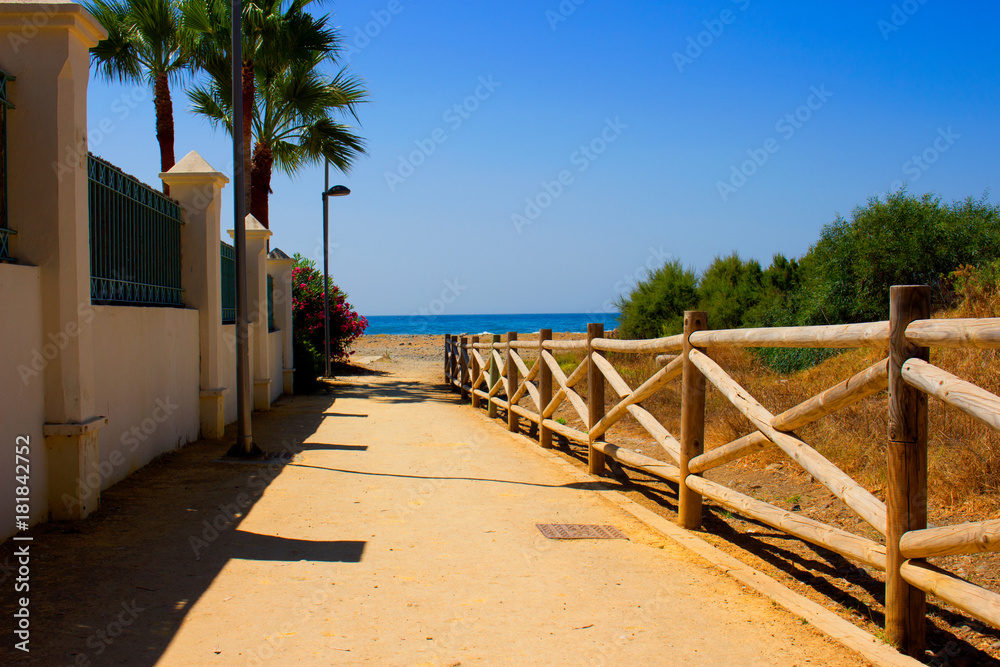 Beach. Summer beach view. Puerto Banus city, Marbella, Andalusia, Spain.