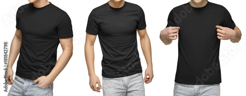 Young male in blank black t-shirt, front and back view, isolated white background. Design men tshirt template and mockup for print