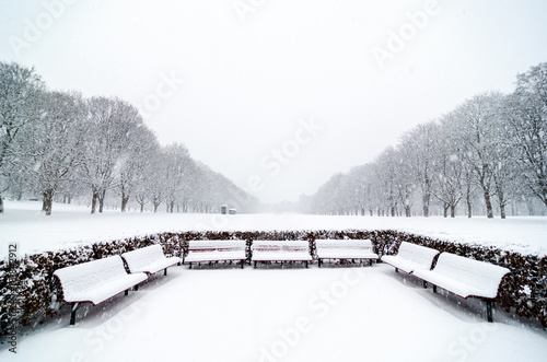 Photography Few benchs in Vigeland Park, Oslo. Snow fall day. Covered