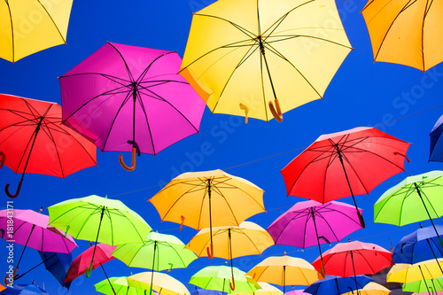 Multicolor umbrellas. Street art. Puerto Banus city  Marbella  Andalusia  Spain.