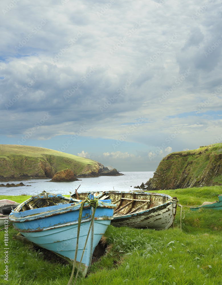 Old Row Boats on the Coastline of Shetland Islands, Scotland