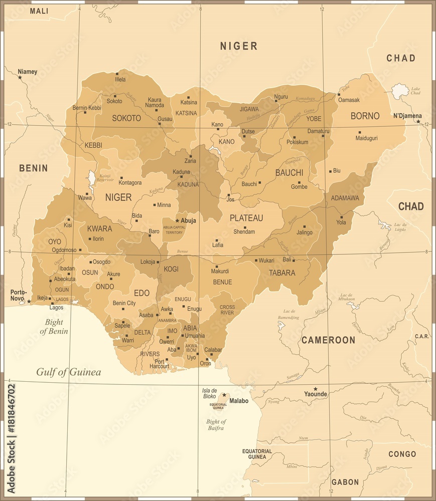 Nigeria Map - Vintage Detailed Vector Illustration