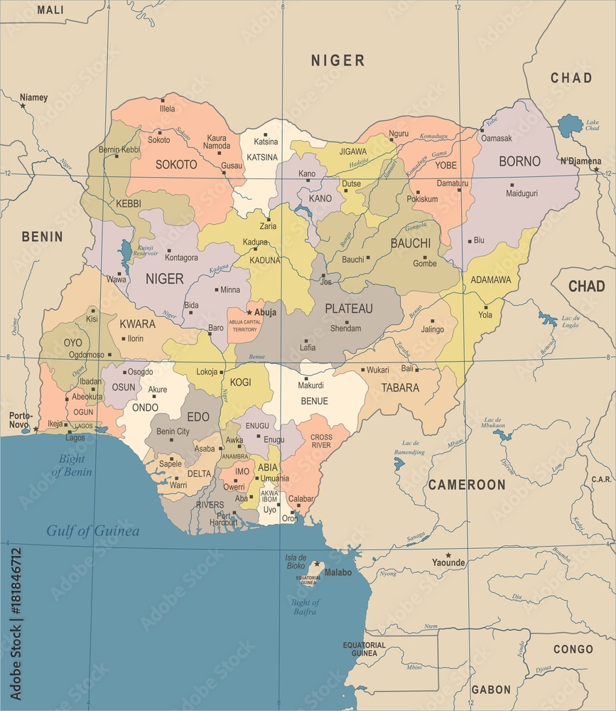 Nigeria Map - Vintage Detailed Vector Illustration