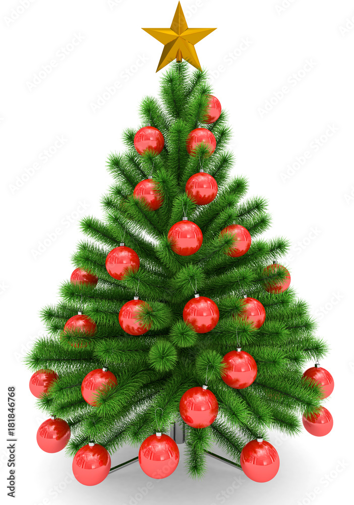 Christmas tree decorated with red Christmas balls and golden Christmas star - isolated on white