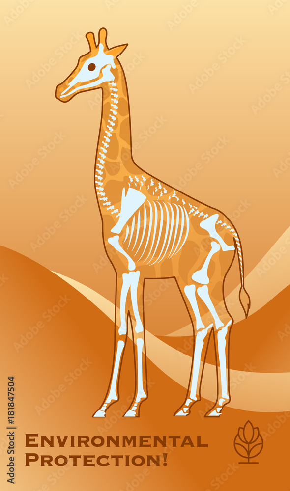 Poster Environmental Protection! with the silhouette and skeleton of a giraffe in the wilderness Poster Environmental Protection! with the silhouette and skeleton of a giraffe in the wilderness