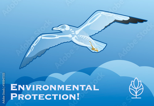 Poster Environmental Protection! with the silhouette and skeleton of a Seagull above the clouds