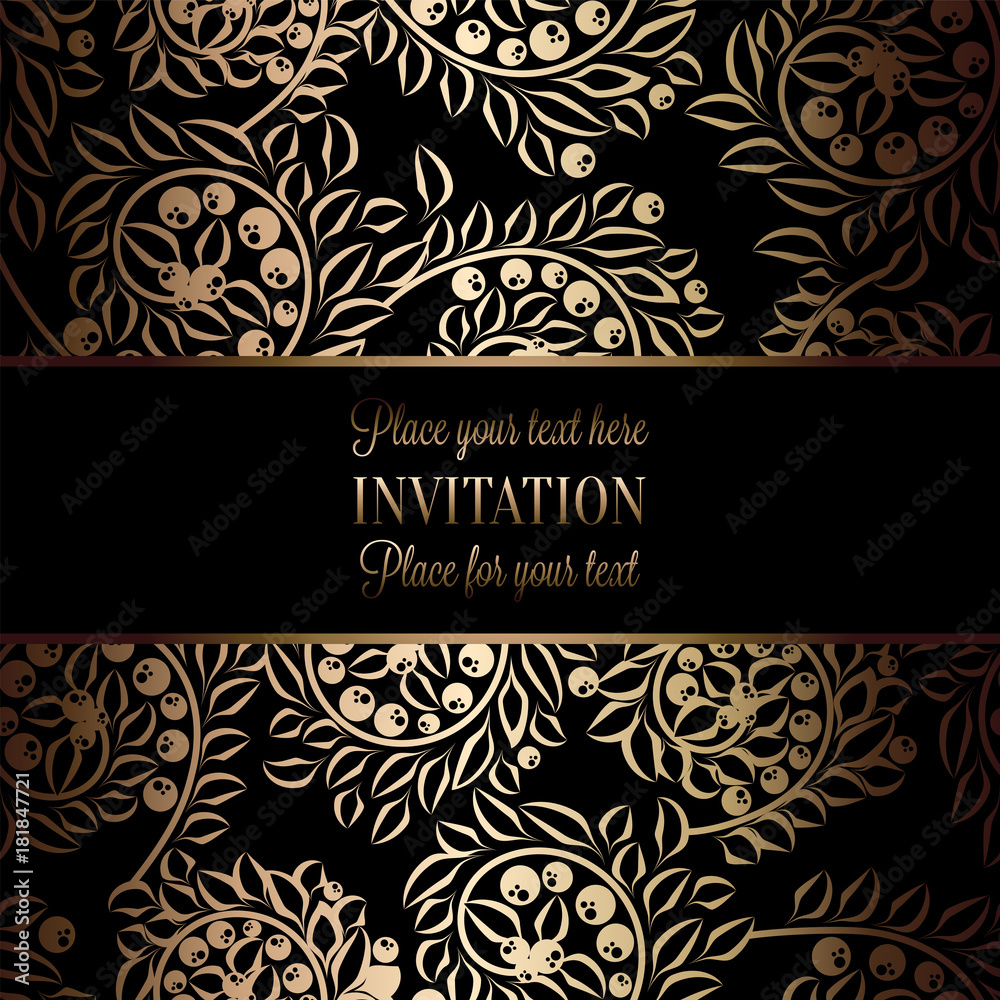 Vintage baroque Wedding Invitation template with damask background. Tradition decoration for wedding. Vector illustration in black and gold