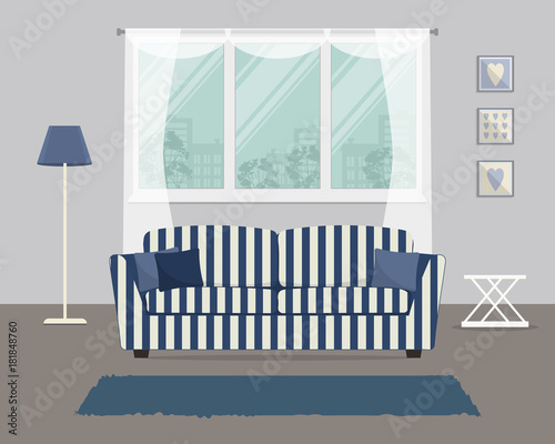 Living room with a blue striped sofa. There is a sofa with pillows and a lamp on a window background in the image. There are also pictures in frames on the wall here. Vector flat illustration.