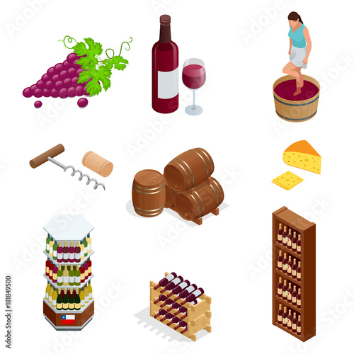 Isometric wine production icons collection. Vector illustration isolated on white background