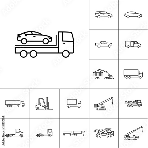 line wrecker icon on white background, vehicle set