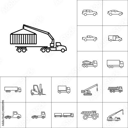 line crane truck icon on white background, vehicle set