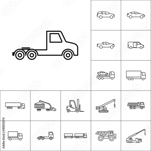 line semi truck icon on white background, vehicle set photo