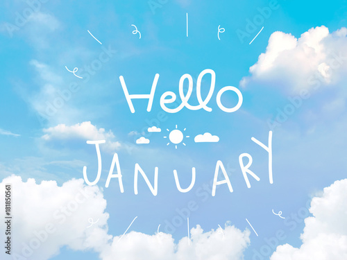 Hello January word on blue sky and cloud cute doodle style