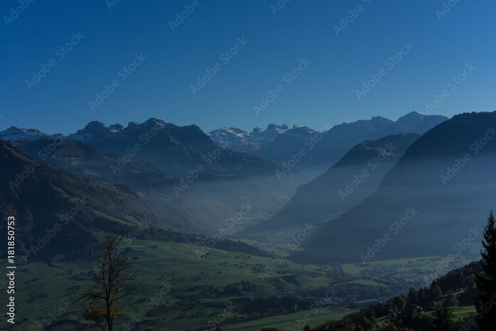 Buergenstock mountain landscape with fog, near lucerne switzerland