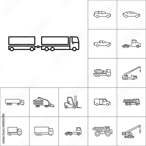 line truck with trailer icon on white background, vehicle set